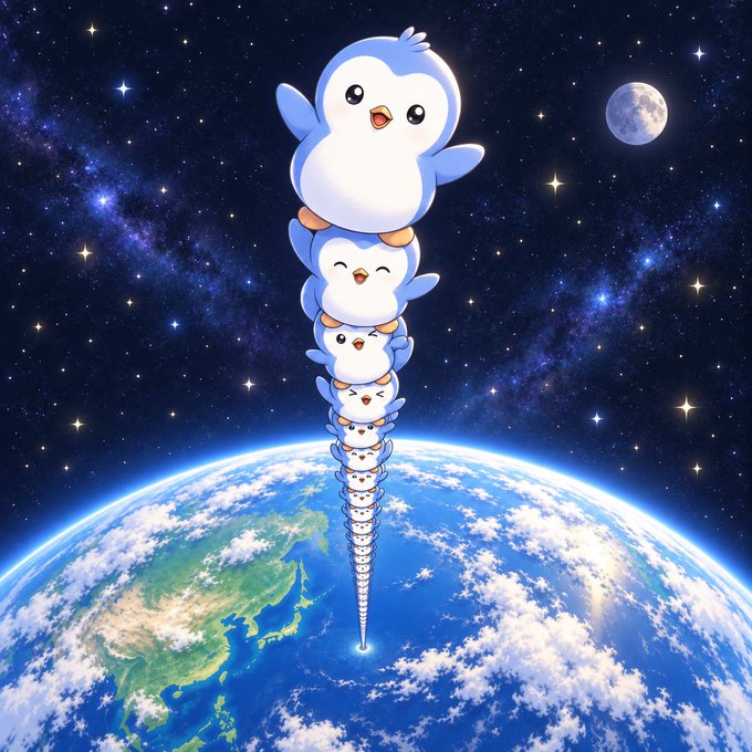 An illustration shows a long, stacked tower of cartoon penguins floating above Earth against a starry night sky with a visible moon.