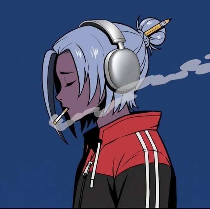 Anime illustration of a white-haired character wearing headphones and a red and black jacket, smoking a cigarette against a dark blue background.