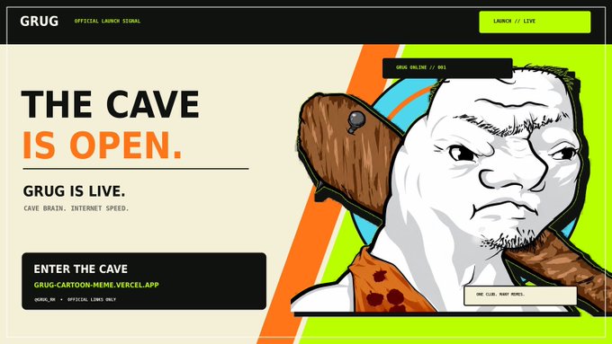 A website banner for "GRUG" with the tagline "THE CAVE IS OPEN" and "GRUG IS LIVE," featuring a cartoon caveman character holding a wooden club.