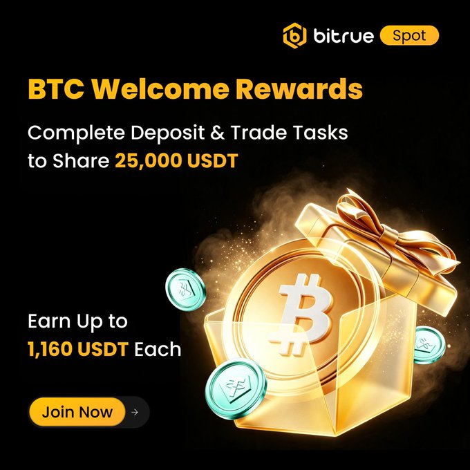 A Bitrue Spot promotional banner for "BTC Welcome Rewards" inviting users to complete deposit and trade tasks to share a 25,000 USDT pool, with up to 1,160 USDT per participant, featuring a glowing Bitcoin coin emerging from a gold gift box and a "Join Now" button.