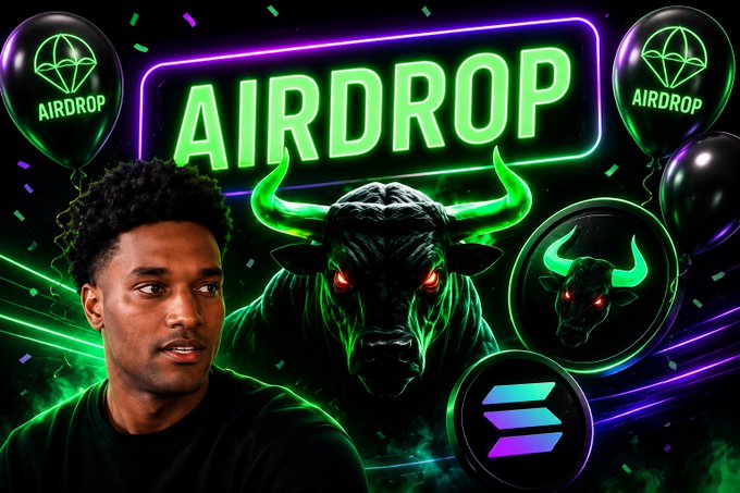 A man is featured alongside a neon green "AIRDROP" banner with a red-eyed bull and black balloons displaying "AIRDROP" text, promoting an airdrop campaign for $ansem holders offering $1,000 in prizes split among 10 users on the Vault platform.