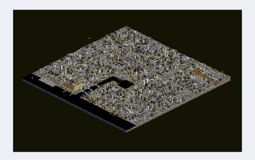 An isometric view of a dense, detailed city model displayed on a dark background.