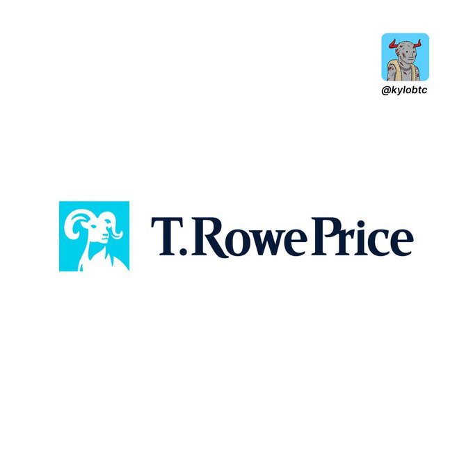 T. Rowe Price logo featuring a white ram on a teal background with the company name in dark navy text, accompanied by the social media handle @kylobtc, visually representing the $1.9T asset manager referenced in the post launching its first actively managed crypto ETF that includes Solana.