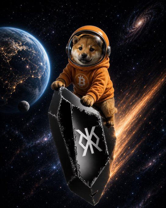 A Shiba Inu dog wearing an orange Bitcoin-themed astronaut suit rides a large asteroid featuring the XRP logo through space, with Earth and a galaxy visible in the background.