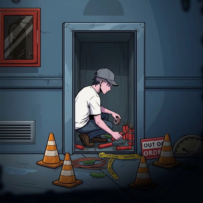A cartoon illustration of a worker in a white shirt and gray cap crouching inside a metal doorway/closet, handling red dynamite sticks, with orange traffic cones, and 'CAUTION' tape scattered around on a dark industrial floor.