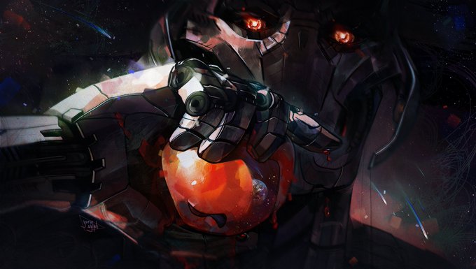 A menacing, armored figure with glowing red eyes clutches a molten, planet-like orb, evoking Ultron from the Marvel universe wielding a forbidden, world-destroying power—capturing the dark, "forbidden fruit" theme of the post. A small artist signature appears on the left side of the artwork.