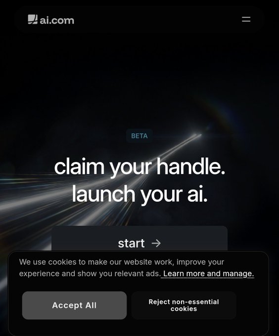 The ai.com website displays the tagline 'claim your handle. launch your ai.' with a 'start' button, overlaid by a cookie consent prompt.