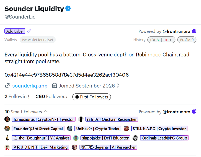 A Twitter/X profile for @SounderLiq (Sounder Liquidity) showing 260 followers, joined September 2026, with the tagline 'Every liquidity pool has a bottom. Cross-venue depth on Robinhood Chain, read straight from pool state.'