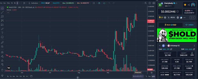 A cryptocurrency trading chart on TradingView showing the FD/USD pair with a $0.0002446 price and 5.07% increase, featuring a Pepe the Frog meme advertisement on the right sidebar.