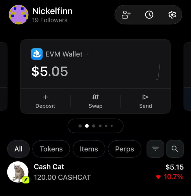 A mobile app screenshot showing a user profile 'Nickelfinn' with 19 followers, an EVM Wallet balance of $5.05, and a token called 'Cash Cat' with 120.00 CASHCAT valued at $5.15 showing a 10.7% decrease.