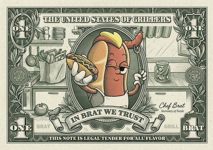 A whimsical currency-style illustration features an anthropomorphic sausage character named "Chef Brat, Secretary of Sizzle," wearing sunglasses, an apron, and a chef's hat while holding a hot dog in a kitchen setting. The note is styled like US currency with "THE UNITED STATES OF GRILLERS" at the top, "1 BRAT" denominations, and the slogans "IN BRAT WE TRUST" and "THIS NOTE IS LEGAL TENDER FOR ALL FLAVOR," directly tying into the $BRAT memecoin community's playful, grill-themed branding.