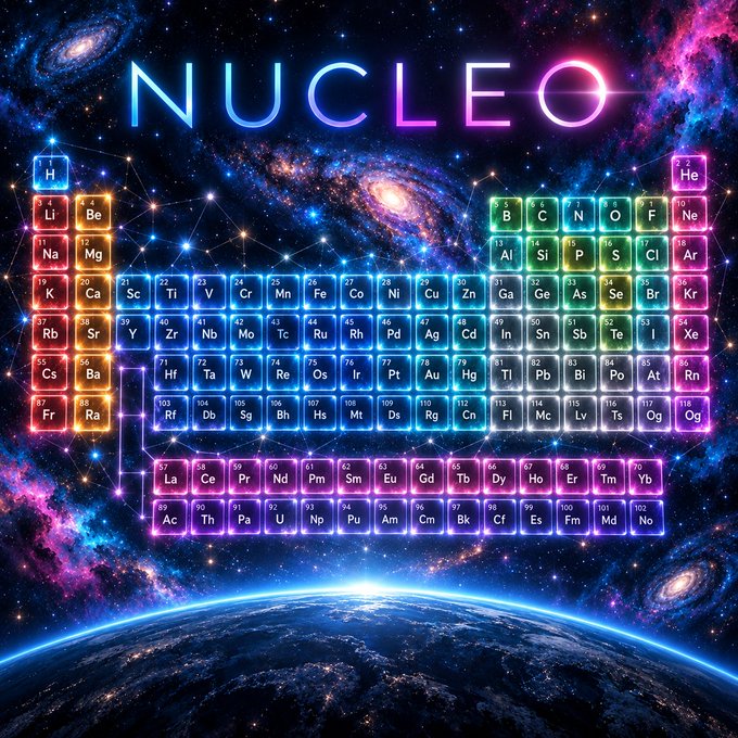 A vibrant, cosmic-themed illustration of the periodic table titled "NUCLEO" with neon-colored element boxes set against a starry galaxy and Earth backdrop.