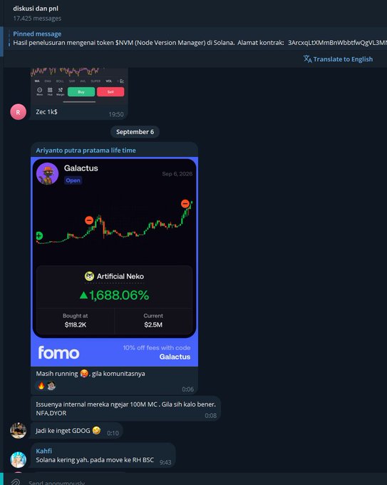 A screenshot of a chat app in Indonesian discussing crypto tokens, featuring a message from 'Zec 1k$' and a pinned post about 'Galactus' token showing a price chart with a 1,688.06% increase.