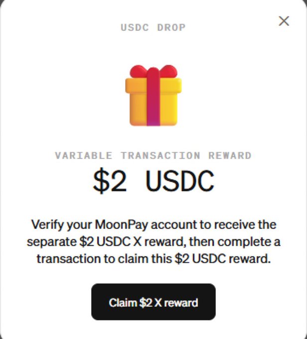 A MoonPay "USDC DROP" popup offers a $2 USDC variable transaction reward, prompting users to verify their account and complete a transaction to claim it, humorously critiqued by the caption suggesting working hard so your children won't lose sleep chasing such a trivial payout.