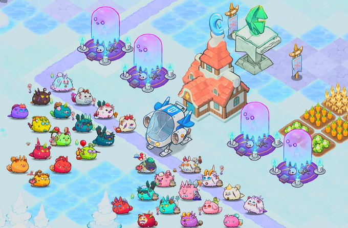 The image displays a vibrant, top-down view of a digital world called Lunacia, filled with colorful creatures and structures, representing the winning entries of the Terrariums Plot Design Contest. The scene showcases the creativity and unique concepts that earned @IamSHADR the first-place prize and the Kitsune.