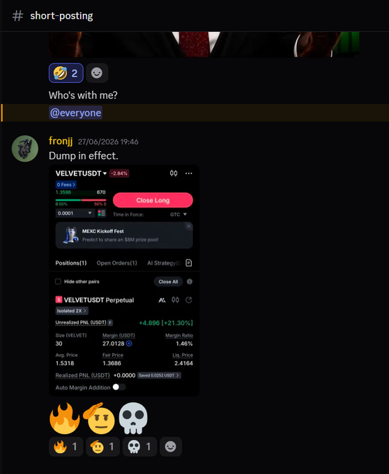 A Discord chat screenshot from the #short-posting channel shows a user 'fronji' announcing 'Dump in effect' alongside a VELVETUSDT short position showing +21.30% unrealized PnL with a 'Close Long' button.