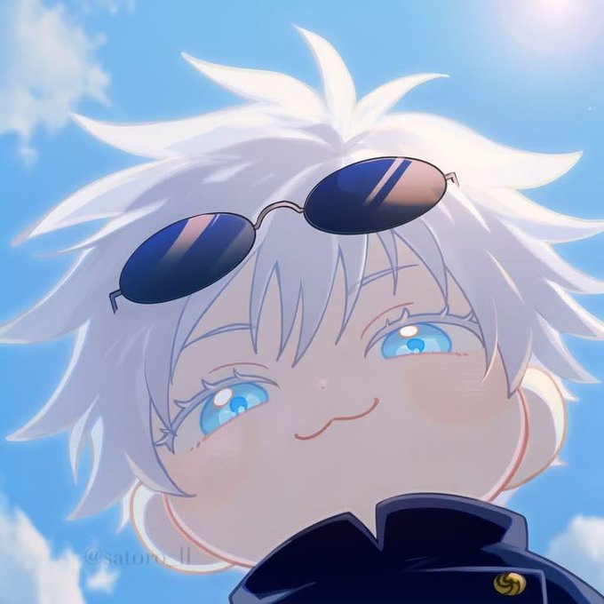 An anime-style illustration of a cute character with spiky white hair, blue eyes, and sunglasses perched on their head, smiling against a blue sky background, credited to @satoru_ll.