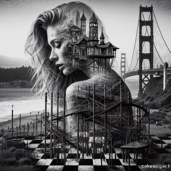 A black-and-white double-exposure composite blends a serene woman’s profile with stacked Victorian houses, a Golden Gate Bridge silhouette, and spiraling scaffolding over a checkered floor—mirroring the layered "architectures" theme of the collection. A watermark reading "cakes6art" appears in the lower right corner.