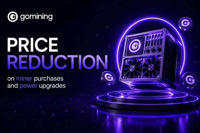 A promotional graphic for GoMining announces a price reduction on miner purchases and power upgrades, featuring the company's logo and a stylized digital mining rig with glowing purple accents. The bold text "PRICE REDUCTION" highlights the discount, aligning with the post's announcement that a 1 TH Digital Miner now costs $16.99 and power upgrades have dropped by roughly 20%.