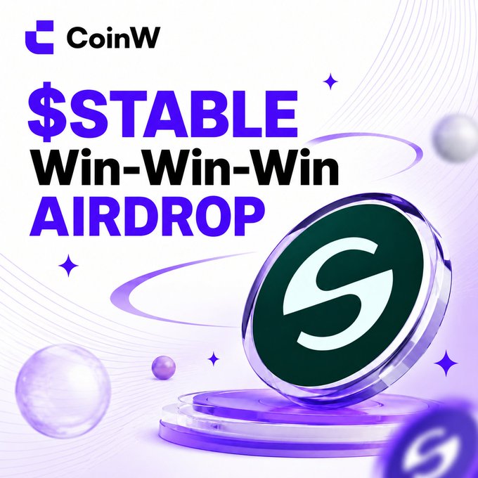 A promotional graphic for a CoinW "$TABLE Win-Win-Win Airdrop" event, featuring a large green and purple Stable coin emblem on a pedestal against a light purple background with floating orbs and sparkles, matching the post's invitation for participants to enter by dropping their CoinW UID for a chance to win one of 20 spots.