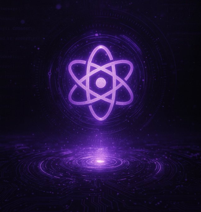 A glowing purple atom symbol (React logo) hovers above a reflective surface with concentric technological rings on a dark, cosmic background.