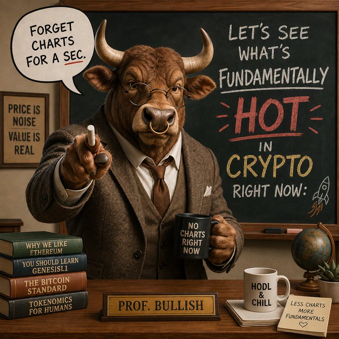 A cartoon bull professor wearing glasses and a tweed jacket points at the camera, holding a mug labeled 'NO CHARTS RIGHT NOW'. Behind him, a chalkboard reads 'LET'S SEE WHAT'S FUNDAMENTALLY HOT IN CRYPTO RIGHT NOW', while a speech bubble says 'FORGET CHARTS FOR A SEC.' and books nearby include titles like 'WHY WE LIKE ETHEREUM' and 'THE BITCOIN STANDARD'.