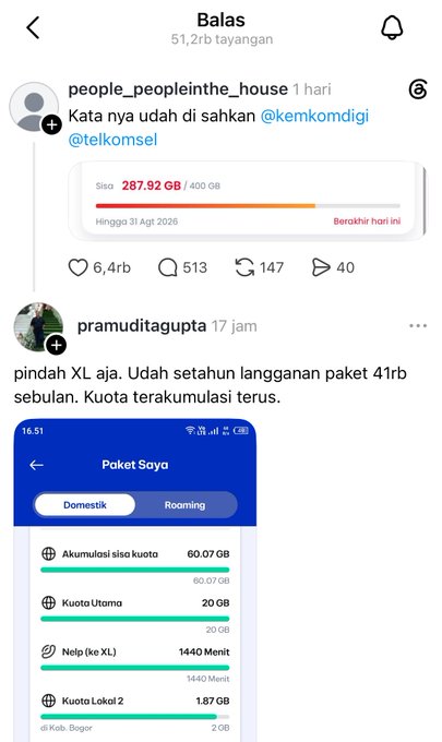 The image shows a TikTok comment thread where user "people_peopleinthe_house" complains that Telkomsel has allegedly reduced data quota to 287.92 GB out of 400 GB before expiration, while user "pramuditagupta" responds with a screenshot of their XL package showing an accumulated quota of 60.07 GB and main quota of 20 GB after a year of subscription, supporting the original post's concern about XL's generous data accumulation.
