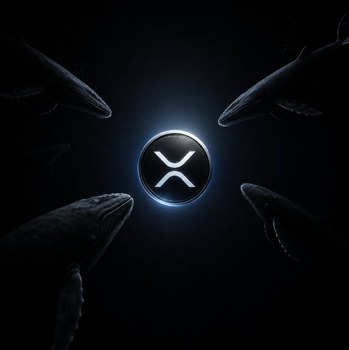 A dark, dramatic digital artwork showing the XRP cryptocurrency logo in a glowing silver coin at the center, surrounded by four whales swimming in the deep ocean.