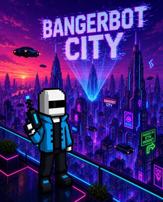 A pixel art promotional image titled 'BANGERBOT CITY' showing a character in a white helmet and blue jacket holding a device, overlooking a neon-lit futuristic cityscape at sunset with floating cars and neon signs reading 'BANGERBOT CITY' and 'POWERED BY ETH MAINNET'.