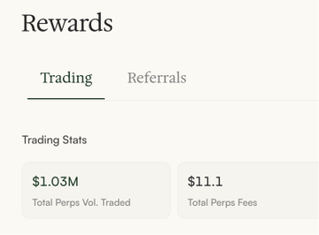 A 'Rewards' screen showing Trading stats with a Total Perps Vol. Traded of $1.03M and Total Perps Fees of $11.1.