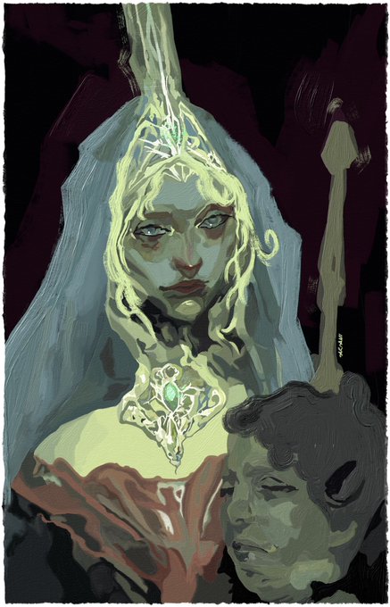 The image is a painterly digital illustration featuring an ethereal, pale-haired figure with luminous greenish-yellow tones wearing an ornate jeweled amulet and flowing veil, set against a dark background alongside a shadowy second face. The artwork's haunting, otherworldly aesthetic evokes the religious and ritualistic connotations of "oblata dei" (a Latin term meaning "offering to God"), complementing the spiritual, crypto-art atmosphere of the "gm" greeting shared on the Tezos platform.