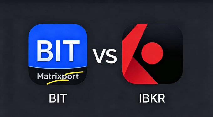 A comparison graphic showing app icons for BIT (Matrixport) versus IBKR (Interactive Brokers).