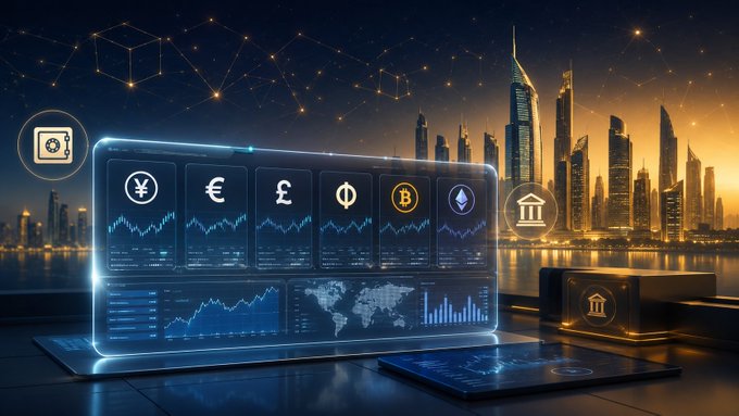 A futuristic digital display showing various financial charts, currency symbols (Yen, Euro, Pound, Phi, Bitcoin, Ethereum), and a world map, with a glowing city skyline in the background.