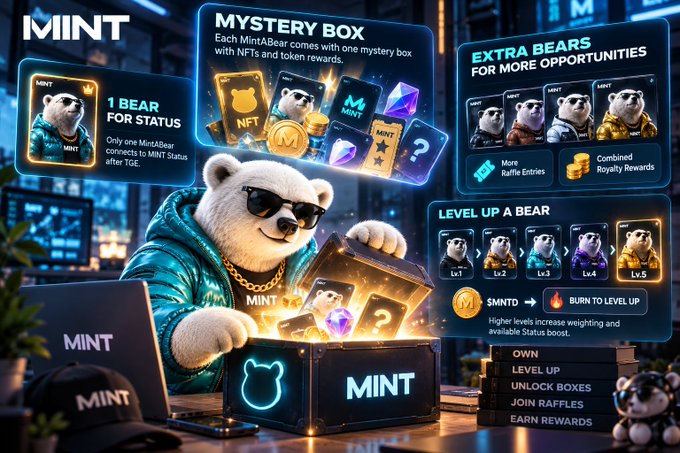A promotional graphic for 'MINT' featuring a bear mascot in sunglasses opening a glowing treasure chest, with informational panels about 'MYSTERY BOX', '1 BEAR FOR STATUS', 'EXTRA BEARS FOR MORE OPPORTUNITIES', and 'LEVEL UP A BEAR' showing five tiers (Lv.1-Lv.5) of bear characters.