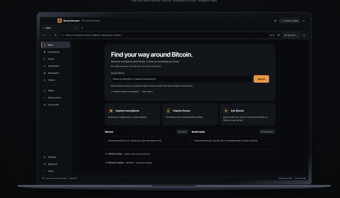 A screenshot of the Bitcoin Browser interface displayed on a laptop, showing a 'Find your way around Bitcoin' search page with options for inscriptions, runes, and BRC-20s, with navigation sidebar.