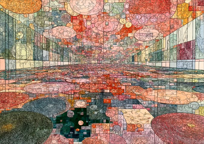 A vibrant abstract artwork featuring a complex geometric composition with intricate line drawings, colorful rectangular panels, and circular patterns creating a tunnel-like perspective.