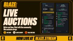 A promotional graphic for 'BLAZE LIVE AUCTIONS' featuring bold yellow text on a black background, advertising a real-time chat experience for live auctions and directing viewers to BLAZE.STREAM.
