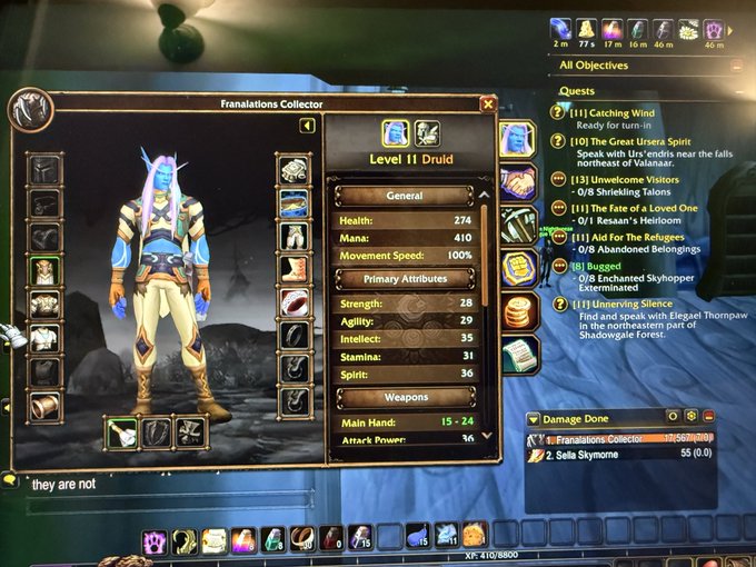 An in-game screenshot from World of Warcraft showing the character equipment interface for a 'Frandalations Collector' (a Draenei), alongside the quest log and damage meters UI.