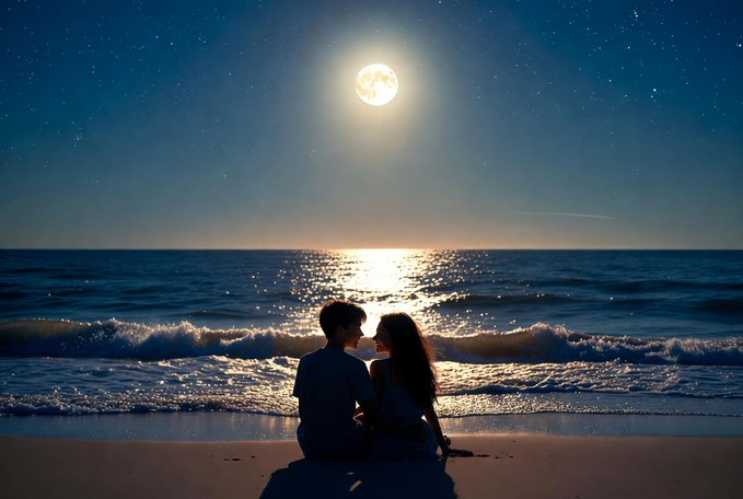 A romantic silhouette of a couple sitting together on a beach at night, looking out at the ocean under a bright full moon and starry sky.