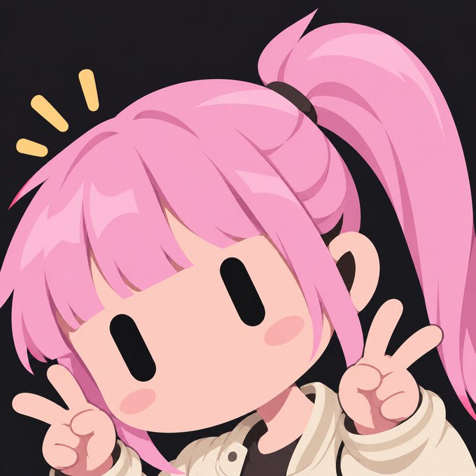 A chibi-style anime character with pink hair in a ponytail makes peace signs with both hands, featuring an exclamation mark graphic near their head.