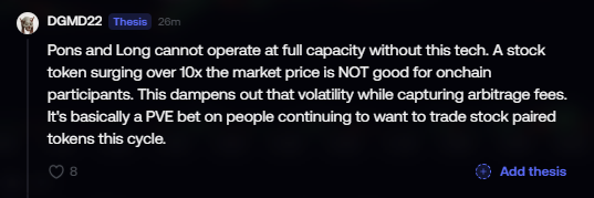 A social media post by user DGMD22 contains a thesis stating that 'Pons and Long cannot operate at full capacity without this tech,' criticizing a stock token for surging over 10x market price.