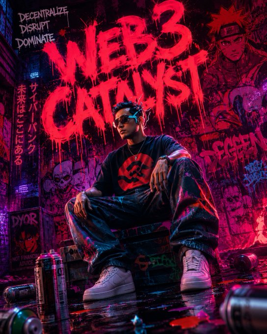 A stylized digital art poster shows a man in sunglasses and a black graphic tee sitting in a graffiti-covered alley with 'WEB3 CATALYST' in dripping red text, alongside words like 'DECENTRALIZE DISRUPT DOMINATE' and anime-style character illustrations.