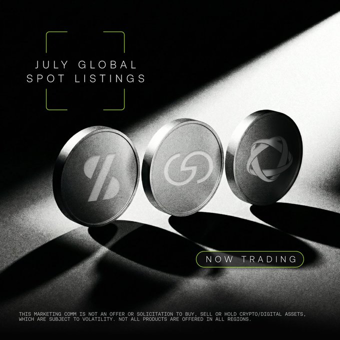 The image is a sleek, monochromatic promotional graphic titled "JULY GLOBAL SPOT LISTINGS" featuring three metallic crypto tokens displaying logos for AEON, GRVT, and SLX, with a "NOW TRADING" badge and a volatility disclaimer at the bottom—directly showcasing the three newly listed tokens ($GRVT, $AEON, $SLX) mentioned in the accompanying post.