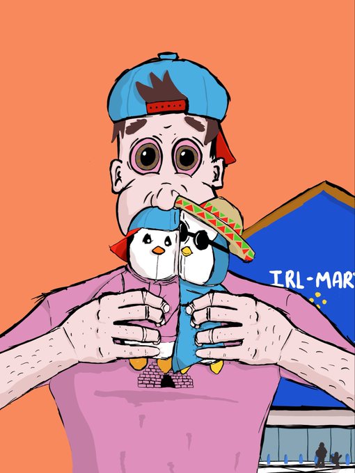 A cartoon illustration labeled 'IRL-MART' shows a wide-eyed man in a blue backwards cap and pink shirt holding two small penguin mascots against an orange background.