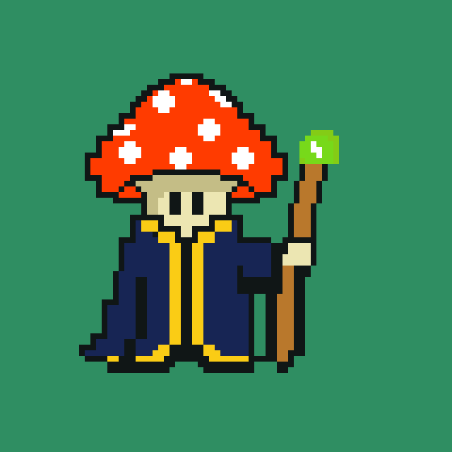 A pixel art character resembling a mushroom wizard with a red and white spotted cap, dark blue robe, and a staff topped with a green gem.