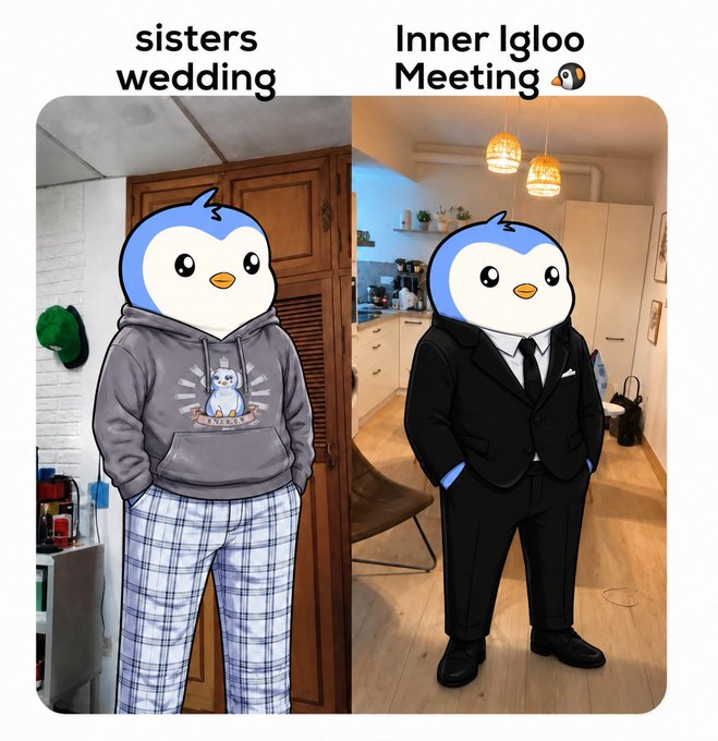 Side-by-side comparison showing someone in loungewear labeled 'sisters wedding' and a suit labeled 'Inner Igloo Meeting', with faces covered by penguin emojis.