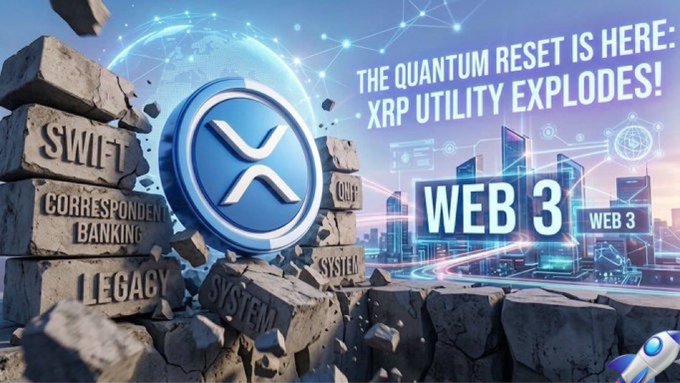 A digital graphic featuring the XRP logo bursting through a stone wall labeled 'SWIFT', 'CORRESPONDENT BANKING', and 'LEGACY SYSTEM', with text reading 'THE QUANTUM RESET IS HERE: XRP UTILITY EXPLODES!' and 'WEB 3'.