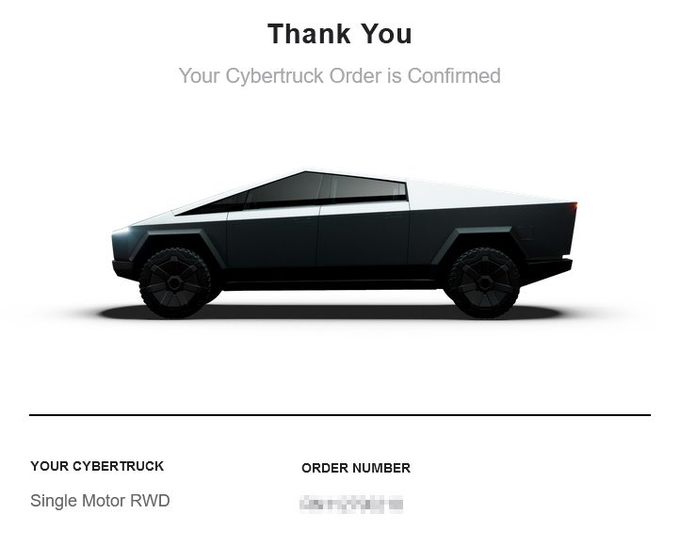 A Tesla Cybertruck order confirmation page showing "Thank You, Your Cybertruck Order is Confirmed" for a Single Motor RWD.