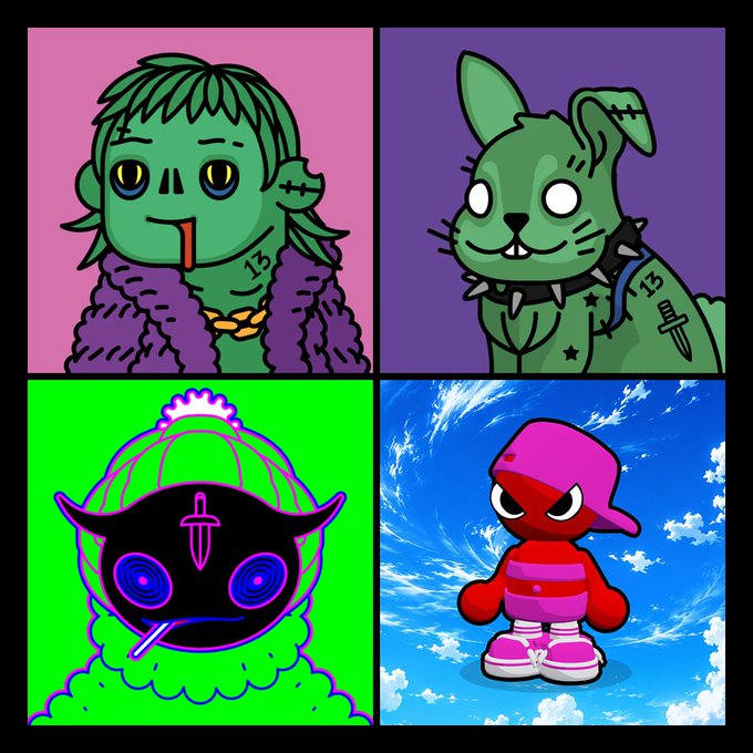 The image is a four-panel NFT collection from Deadfellaz, a popular Web3 profile picture project featuring undead-style characters. The panels show: a green-skinned zombie-like figure with "13" on its chest, a stitched green bunny character with a spiked collar and dagger tattoo, a glitchy black entity with a sword symbol against a neon green background, and a red character wearing a pink cap and shirt against a sky background. The post is asking collectors who own all four of these specific Deadfellaz NFTs and rare "infected" variants, trying to gauge community interest in showcasing the set as a trend.