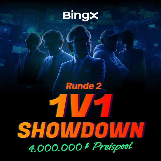 A 'BingX' promotional graphic for 'Runde 2 1V1 SHOWDOWN' trading competition with a 4,000,000 $ preispool, featuring silhouettes of men in suits against a blue digital background.
